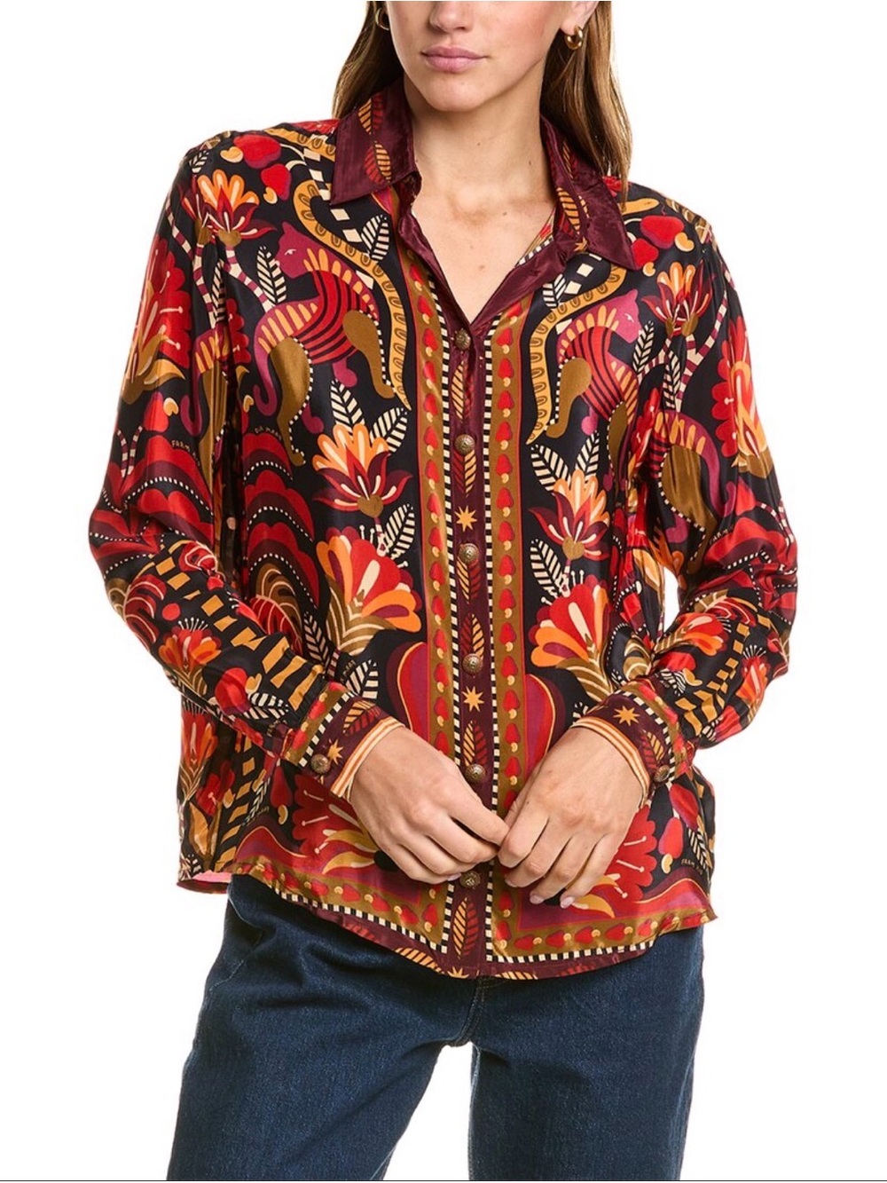 FARM Rio Floral Button-Front Blouse in Red, Black and Gold